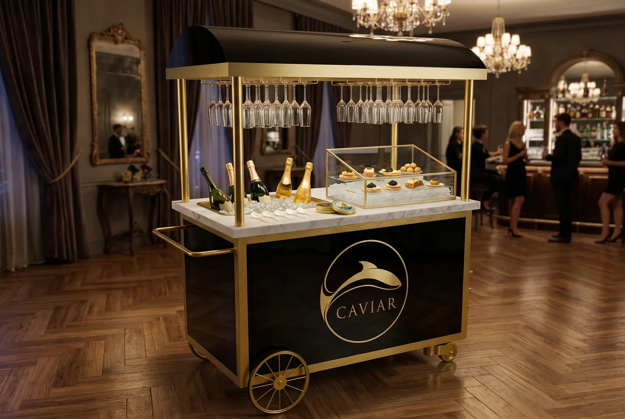 The black and gold Caviar Cart with champagne and a caviar display in a candlelit cocktail lounge
