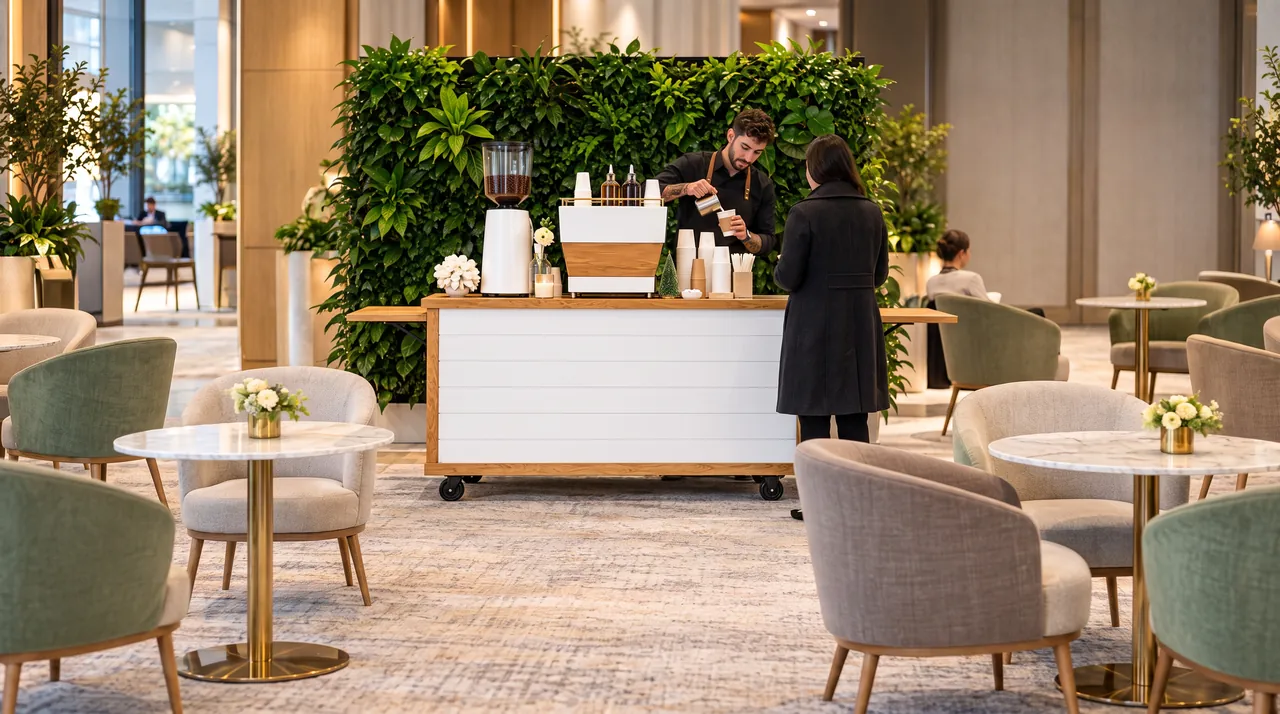 Barista pouring a latte at the white shiplap coffee cart in a hotel lounge