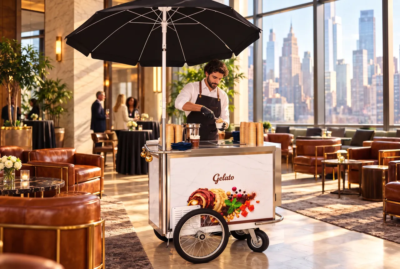Attendant scooping gelato at the cart in a lounge overlooking the Manhattan skyline