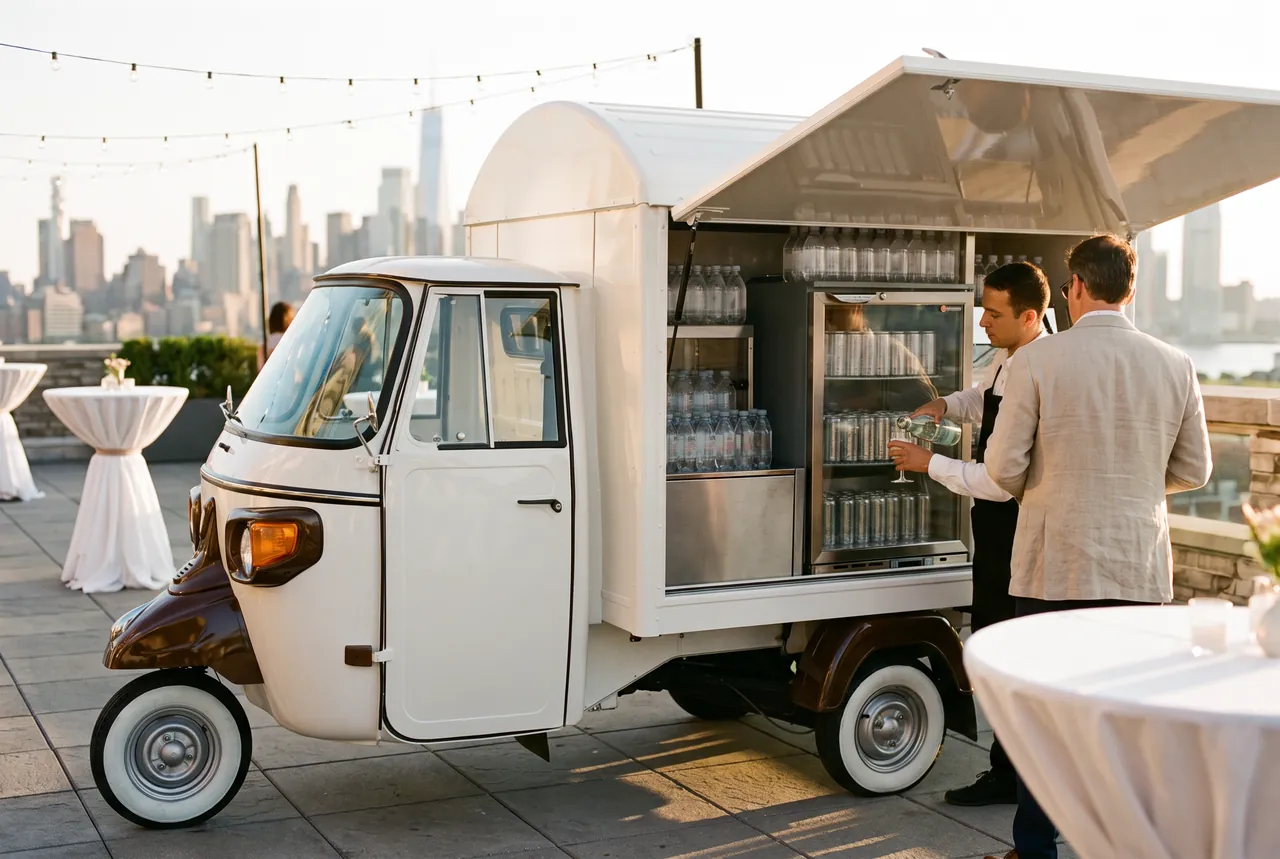 The white Piaggio cart serving sparkling water at a rooftop reception at golden hour