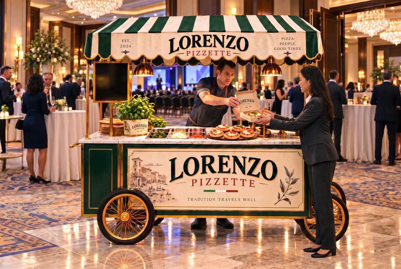 Chef handing a boxed pizza to a guest at the Lorenzo Pizzette cart in a ballroom