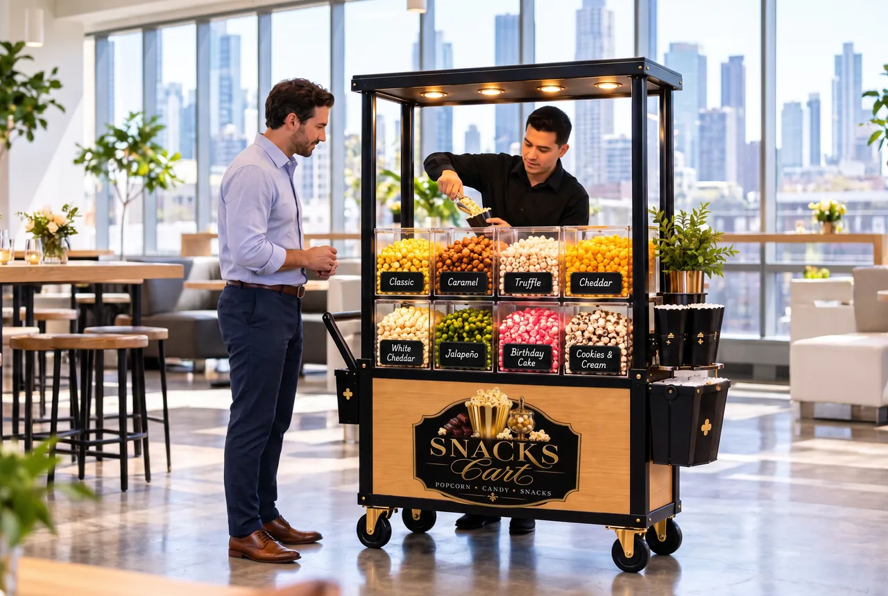 Attendant scooping popcorn for a guest at the Snacks Cart in a skyline office lounge